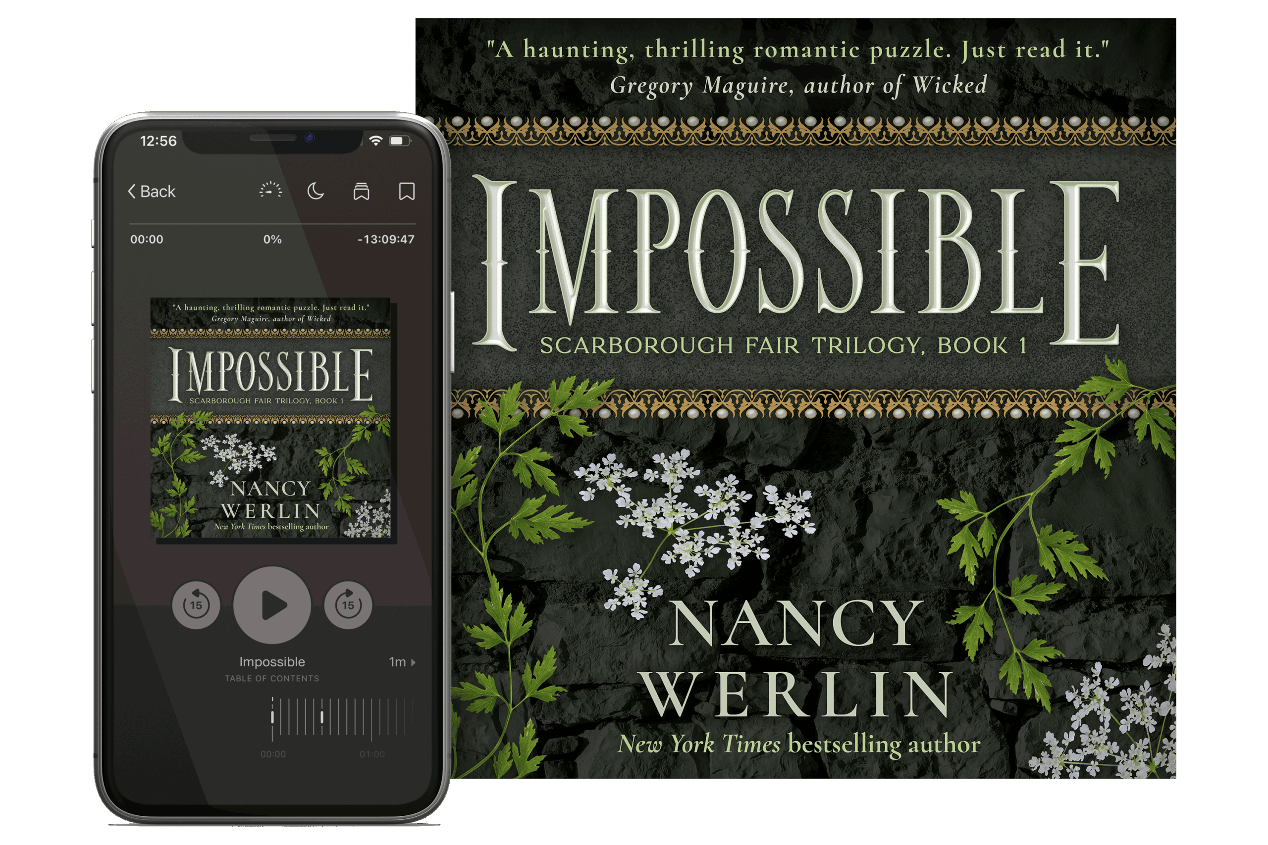 Book series branding design by Los Angeles book cover designer Artful Cover - audiobook cover design of Impossible, book 1 of the Scarborough Fair Trilogy by Nancy Werlin - consistent compelling branding on ebook covers, paperbacks, and marketing graphics for book series marketing, author branding, and social media promotion