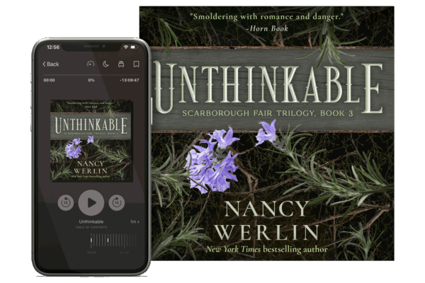 Book series branding design by Los Angeles book cover designer Artful Cover - audiobook cover design of Unthinkable, book 3 of the Scarborough Fair Trilogy by Nancy Werlin - consistent compelling branding on ebook covers, paperbacks, and marketing graphics for book series marketing, author branding, and social media promotion