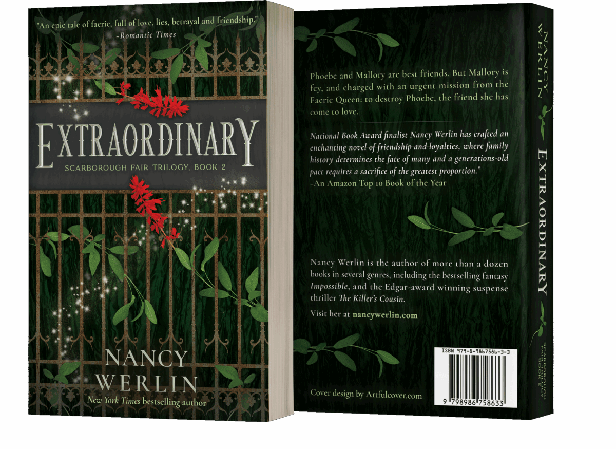 Book series branding design by Los Angeles book cover designer Artful Cover - paperback book cover design of Extraordinary, book 2 of the Scarborough Fair Trilogy by Nancy Werlin - consistent compelling branding on ebook covers, paperbacks, and marketing graphics for book series marketing, author branding, and social media promotion