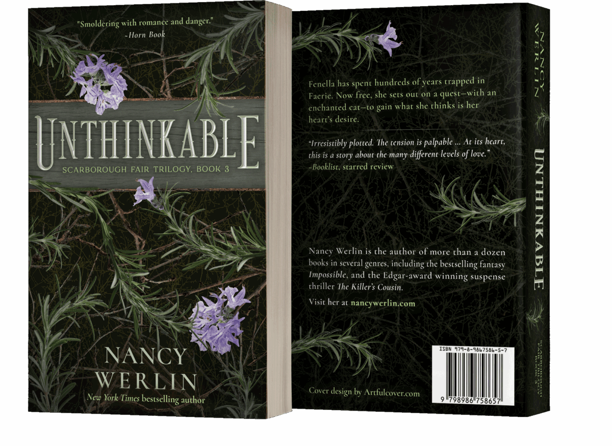 Book series branding design by Los Angeles book cover designer Artful Cover - paperback book cover design of Unthinkable, book 3 of the Scarborough Fair Trilogy by Nancy Werlin - consistent compelling branding on ebook covers, paperbacks, and marketing graphics for book series marketing, author branding, and social media promotion